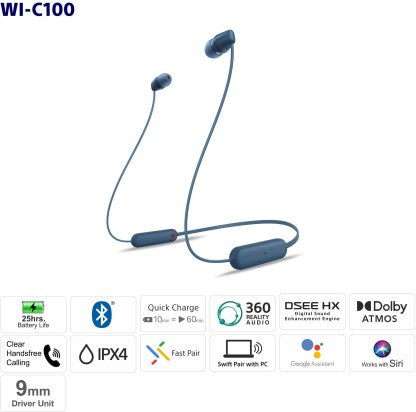 SONY WI-C100 WITH 25 HOURS BATTERY LIFE BLUETOOTH HEADSET  (BLUE, IN THE EAR)