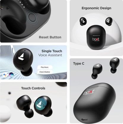 BOAT AIRDOPES 381 WITH UPTO 20 HOURS PLAYBACK AND ASAP CHARGE BLUETOOTH HEADSET  (BLACK INDI, TRUE WIRELESS)
