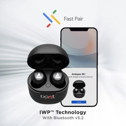 BOAT AIRDOPES 381 WITH UPTO 20 HOURS PLAYBACK AND ASAP CHARGE BLUETOOTH HEADSET  (BLACK INDI, TRUE WIRELESS)