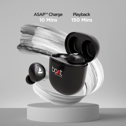 BOAT AIRDOPES 381 WITH UPTO 20 HOURS PLAYBACK AND ASAP CHARGE BLUETOOTH HEADSET  (BLACK INDI, TRUE WIRELESS)