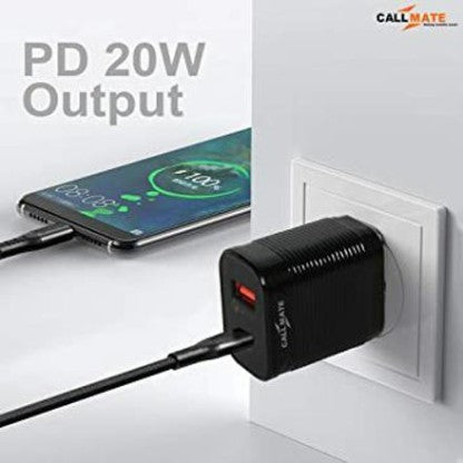 CALLMATE 20 W PD 3 A MULTIPORT MOBILE 20W PD QC ULTRA-COMPACT USB C WALL CHARGER, WITH DUAL PORTS CHARGER WITH DETACHABLE CABLE  (BLACK, CABLE INCLUDED)