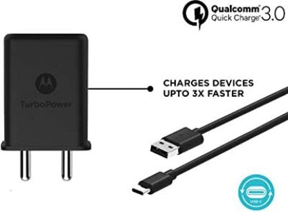 MOTOROLA 15 W QUALCOMM 3.0 3 A MOBILE QUALCOMM 3.0 TURBOPOWER WALL CHARGER WITH USB-C DATA CABLE CHARGER 15 W 3 A CHARGER WITH DETACHABLE CABLE  (BLACK, CABLE INCLUDED)
