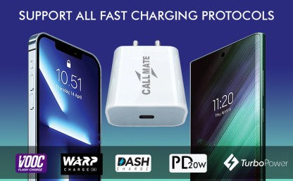 CALLMATE 20 W QUALCOMM 3.0 3 A MOBILE 20W PD ULTRA-COMPACT USB C WALL CHARGER WITH TYPE C CABLE FOR ALL TYPE C DEVICES CHARGER WITH DETACHABLE CABLE  (WHITE, CABLE INCLUDED)