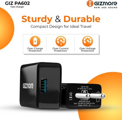 GIZMORE 20 W 2.4 A MOBILE GIZ PA602 PRO CHARGER WITH DETACHABLE CABLE  (BLACK, CABLE INCLUDED)