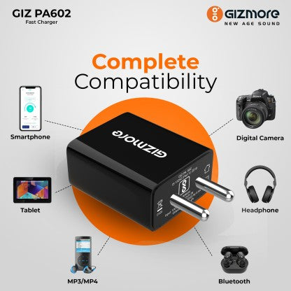 GIZMORE 20 W 2.4 A MOBILE GIZ PA602 PRO CHARGER WITH DETACHABLE CABLE  (BLACK, CABLE INCLUDED)