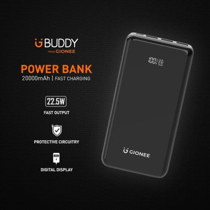 GIONEE 20000 MAH POWER BANK (22.5 W, FAST CHARGING)  (BLACK, LITHIUM POLYMER)