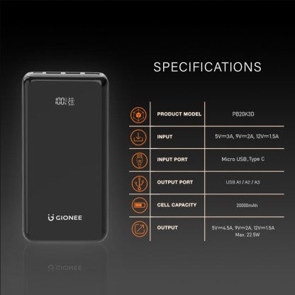 GIONEE 20000 MAH POWER BANK (22.5 W, FAST CHARGING)  (BLACK, LITHIUM POLYMER)