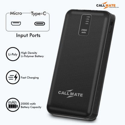 CALLMATE 20000 MAH POWER BANK (15 W, FAST CHARGING)  (BLACK, LITHIUM POLYMER)