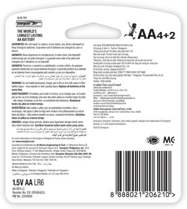 ENERGIZER PRIMARY ALKALINE BATTERIES MAX 2A  BATTERY  (PACK OF 6)