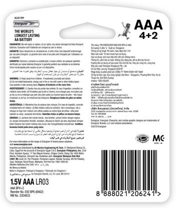 ENERGIZER PRIMARY ALKALINE BATTERIES MAX 3A  BATTERY  (PACK OF 6)