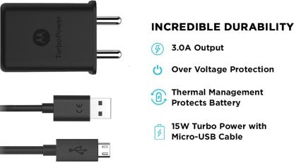 MOTOROLA 15 W 2.4 A MOBILE SJ5991 QUALCOMM 3.0 TURBOPOWER 15W 3.0 A CHARGER WITH DETACHABLE CABLE  (BLACK, CABLE INCLUDED)
