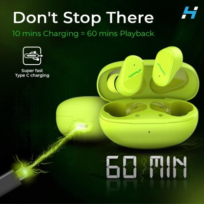 HOPPUP SNAP WITH GAMING MODE, FAST CHARGING, ENC, IMMERSIVE SOUND &AMP; MASSIVE PLAYTIME BLUETOOTH HEADSET  (NEON GREEN, TRUE WIRELESS)