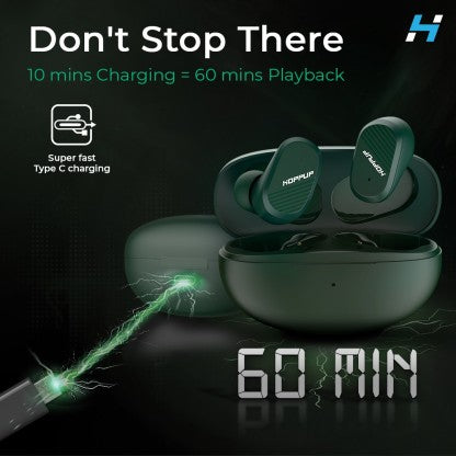 HOPPUP SNAP WITH GAMING MODE, FAST CHARGING, ENC, IMMERSIVE SOUND &AMP; MASSIVE PLAYTIME BLUETOOTH HEADSET  (GREEN, TRUE WIRELESS)