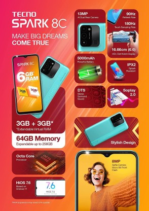 TECNO SPARK 8C (TURQUOISE CYAN, 64 GB)  (3 GB RAM)