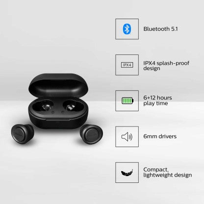 PHILIPS TAT1215BK (TWS) WITH IPX4 SPLASH-PROOF DESIGN BLUETOOTH HEADSET  (BLACK, TRUE WIRELESS)