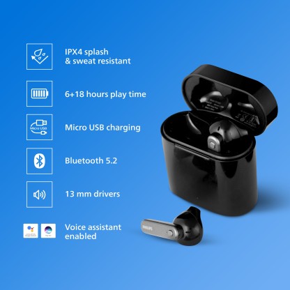 PHILIPS TAT3225BK/94 TRULY WIRELESS EARBUDS (TWS EARBUDS) WITH IPX4 SPLASHPROOF, (6+18) HOURS PLAYTIME, VOICE ASSISTANT BLUETOOTH 5.2 HEADSET BLUETOOTH HEADSET  (BLACK, TRUE WIRELESS)