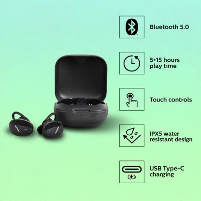 PHILIPS TAT4205 (TWS) TRUE WIRELESS EARBUDS WITH IPX5 WATER-PROOF, TOUCH CONTROL BLUETOOTH HEADSET  (BLACK, TRUE WIRELESS)