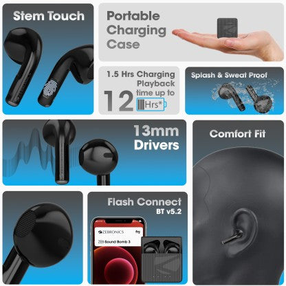 ZEBRONICS ZEB-SOUND BOMB 3 TWS EARBUDS WITH BLUETOOTH V5.2, UP TO 12H BACKUP BLUETOOTH HEADSET  (BLACK, TRUE WIRELESS)